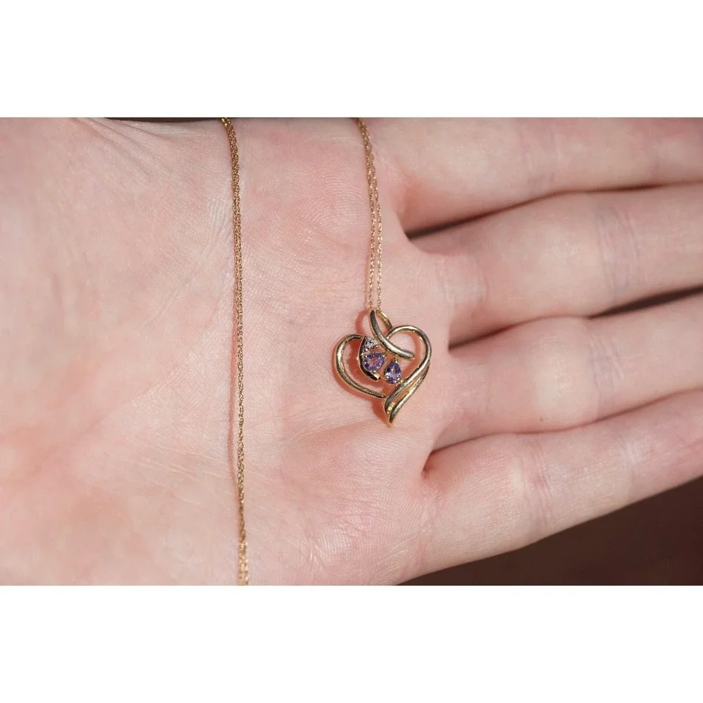 Vintage 10k Solid Yellow Gold Heart Natural‎ Diamond & Amethyst Necklace/Pendant